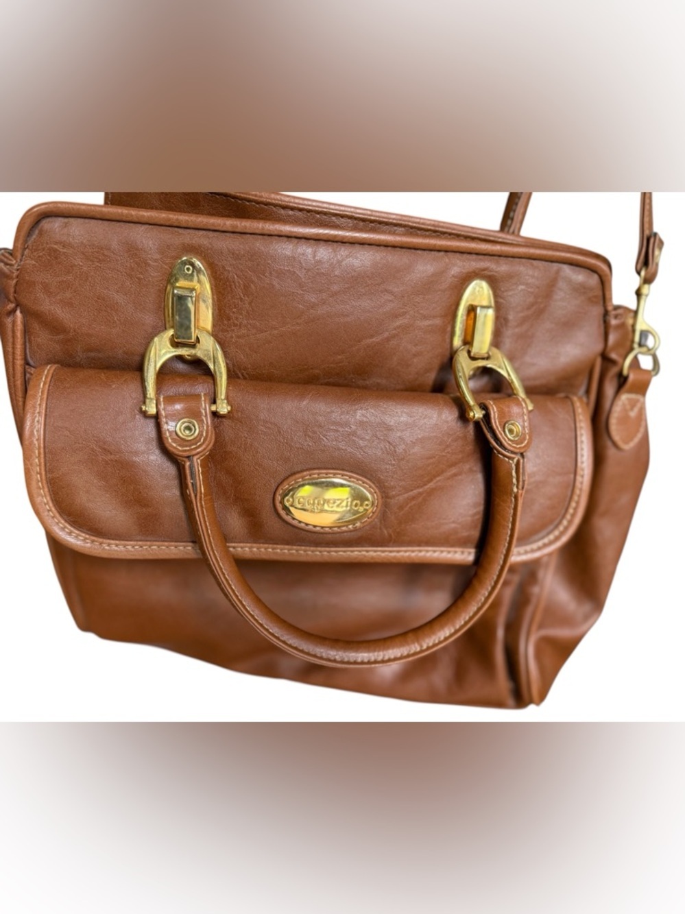 Capezio Cognac Brown Satchel Crossbody Bag Gold Hardware Top Handle Purse - Picture 2 of 7